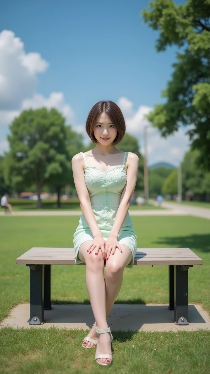 highest quality、8k、Ultra-high resolution、Clear photos、Professional Lighting、Very cute girl、Round face、Round eyes、Very short hair、smile、Ultra slim、Narrow waist、Large erect nipples、sitting on a park bench:1.6、She is wearing a light blue mini dress:1.6、Spread your legs wide:1.2、She gets excited and shows off her white panties:1.6、Full body photography:1.4、Crowded shopping street