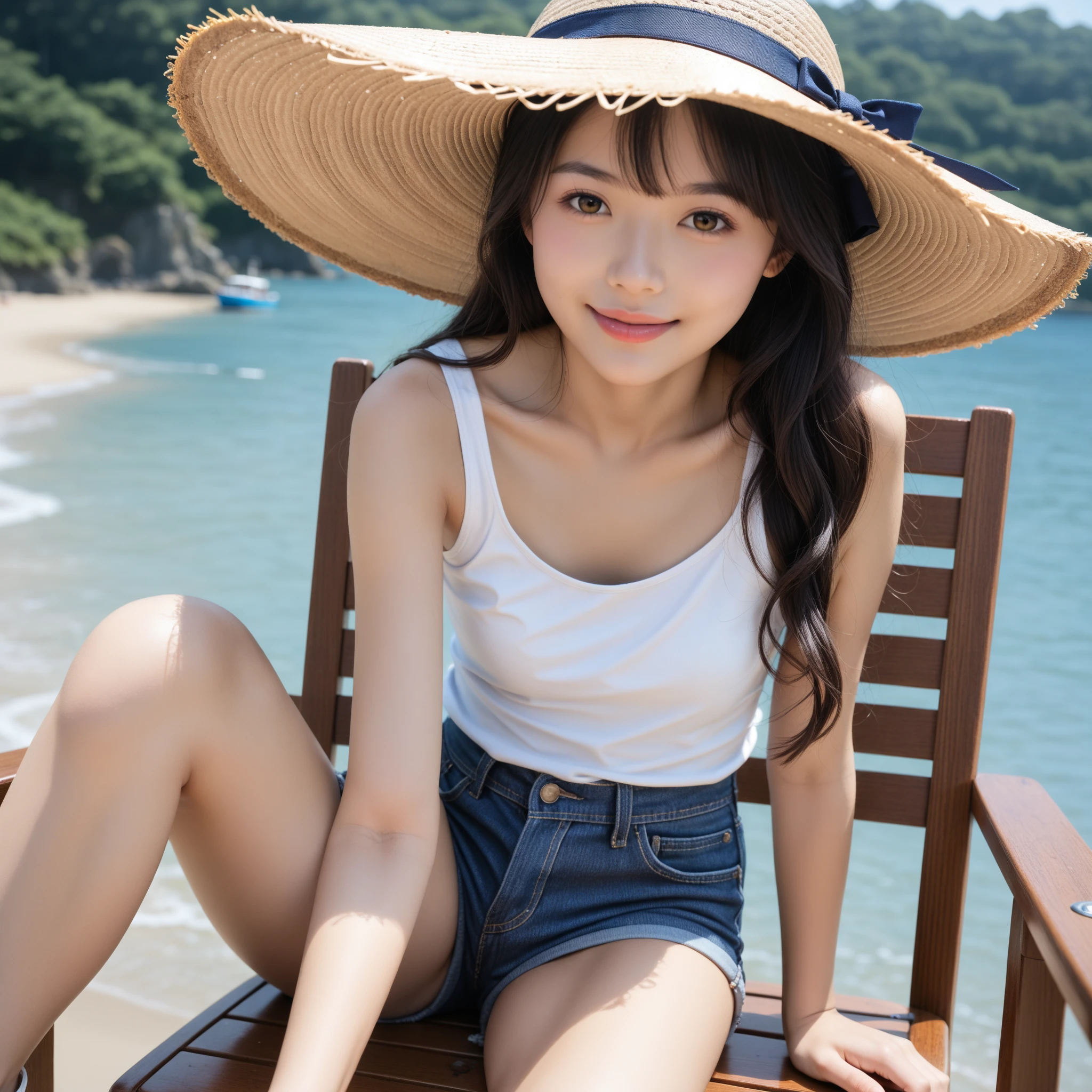 ((Attention to detail)),(Super detailed), 非常に詳細な CG ユニティ 8K 壁紙, Highest quality, 8K, 11 years old、girl、Two people、Fluffy long hair,、Mid-chest、Beautiful Skin、Beautiful legs、Thin legs、((smile))、sea,Summer outfit、