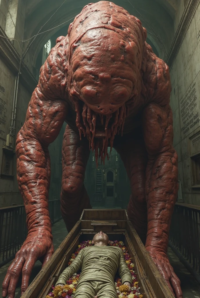 Man-sized elder god killing someone with tentacles, scary, horrifying, bloody, gory, mercilessly murdering, hellish atmosphere, 8k, high resolution
