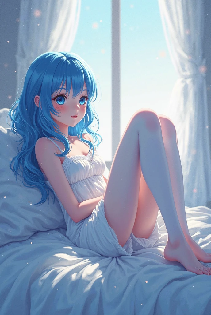 A girl with blue hair and green eyes wearing nothing Sitting on the edge of the bed
