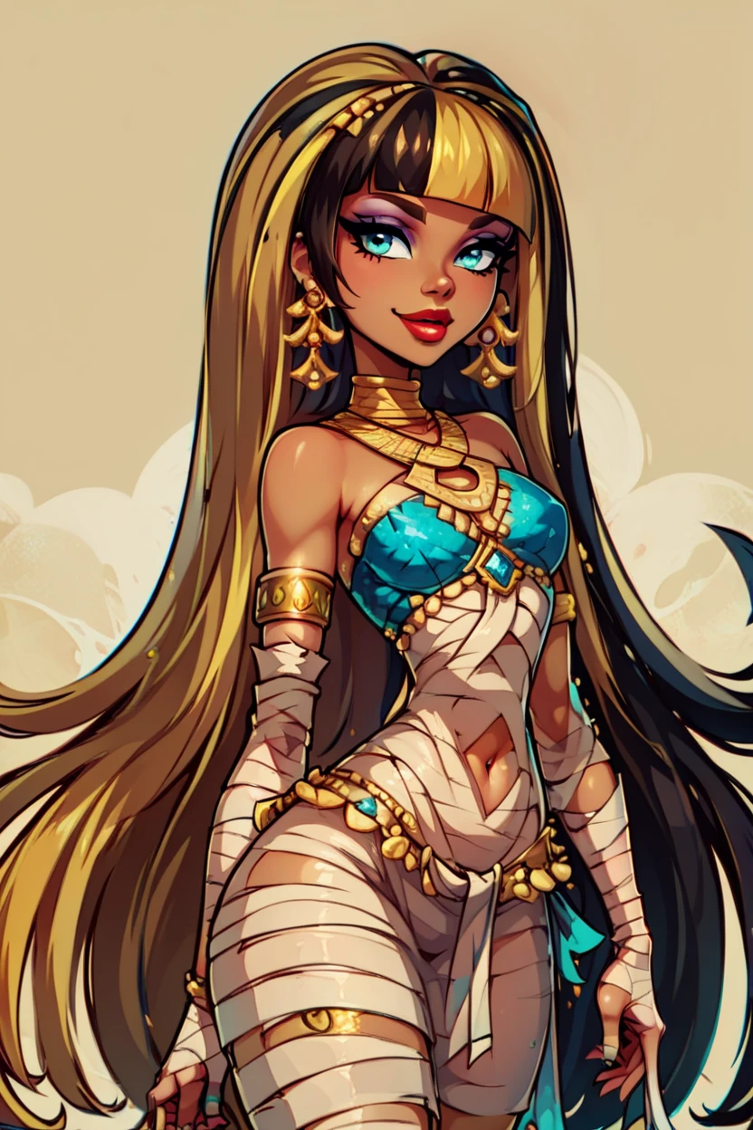 The ebony queen of vice is half-undress in Egyptian clothes full height