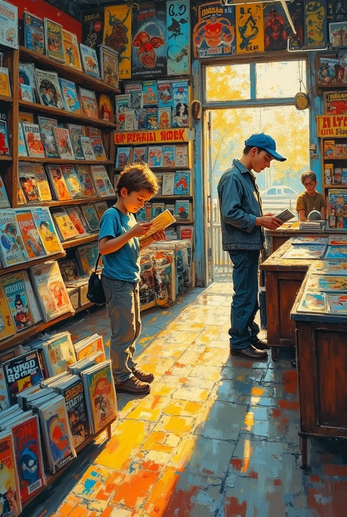 An impressionist oil painting of a 1980s/1990s comic book store, with visible brushstrokes, vibrant broken colors, soft edges, and a light-filled, atmospheric environment. The scene captures the nostalgic interior of a comic shop, with shelves packed with colorful comics, superhero posters on the walls, a display case with action figures, and a counter showcasing magazines. A young customer eagerly flips through a comic, while another, in the background, chats animatedly with the shopkeeper, creating a sense of movement and interaction. Sunlight streams through the windows, casting golden and colorful reflections across the comics, with soft shadows and hues of red, blue, yellow, and green blended in loose brushwork. The composition emphasizes the fleeting emotion of discovery and the vibrant energy of the store, with impressionist details like blurred comic covers, paper textures, and the gleam of protective sleeves. The atmosphere is nostalgic, joyful, and dynamic, evoking the magic of a comic book era, in the style of Monet or Renoir.