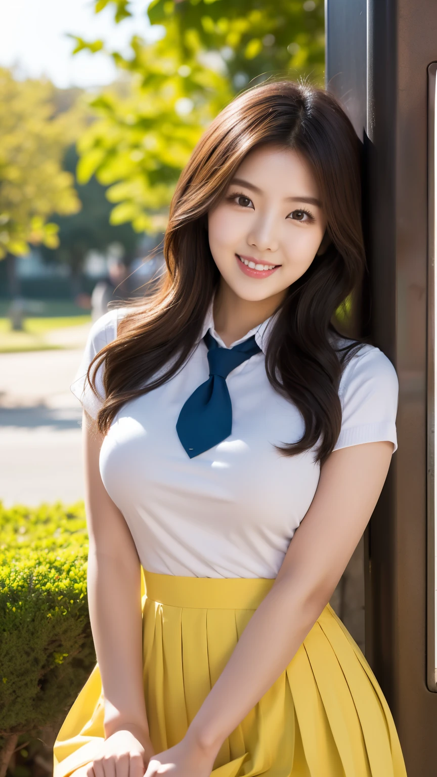 ((best quality)), ((masterpiece)), ((wear shirt)), ((standing near garden)), (detailed),"Generate an ultra-realistic, high-resolution headshot of a 21-year-old woman with a green skirt that accentuates her curves. with cleavage,((smiling)),((leaning forward))