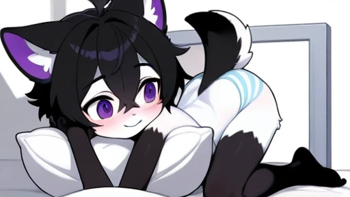 masterpiece, best quality, seductive expression, 1girl, anthro, furry, fur, fluffy fur, kenny \(kenashcorp\), (panda, panda girl), furry, panda ears, animal nose, black fur, white fur, eyes makeup, black eyes, panda tail, heart ahoge, cheek heart, black arms, black legs, black hair, medium hair, blue eyes, half-closed eyes, medium breasts, thick thighs, solo, (bedroom), (night), detailed, laying on bed, (school uniform, blue skirt, white thighhighs), (from behind, butt, butt focus), cute grin, blush, score_9, score_8_up, score_7_up, score_6_up, score_5_up, score_4_up