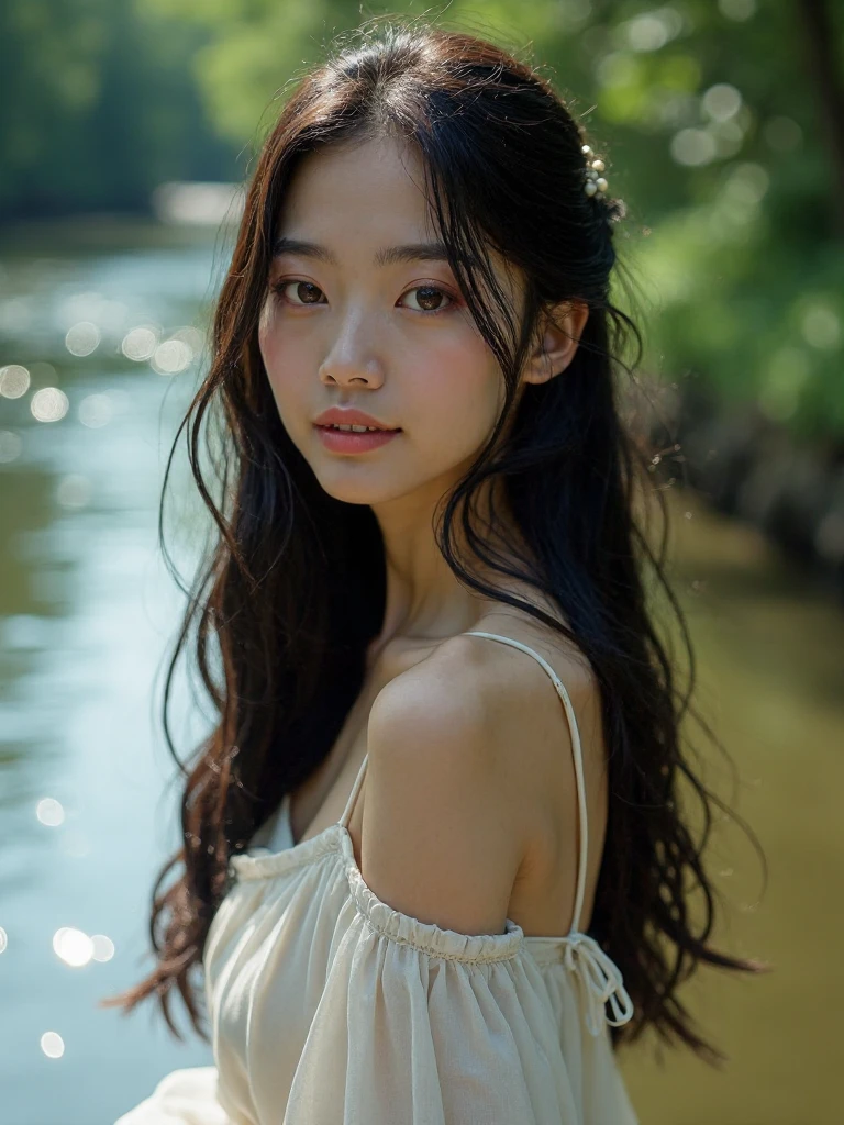 Gentle portrait of a beautiful Asian woman, flowing hair, captivating blue eyes, delicate features, radiant smile, natural makeup, elegantly dressed, gentle expression, slight blush, warm skin tones, fantastic lighting, soft shadows, high-resolution digital painting, realistic style, artistic interpretation, by a skilled portraitist.