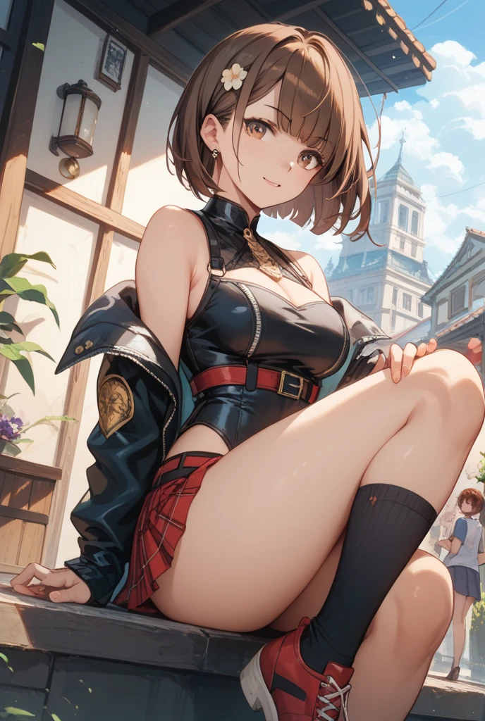 (solo 1 skinny young girl), (dark red short hair), (short dress:1.2), (plunging neckline), wiry corset (emphasize cleavage), very short torso, (inconceivably thin narrow waist), short (brown capelet), BREAK, (very short brown skirt:1.2), emphasize thigh gap, thin long legs, BREAK, 12th Century Europe