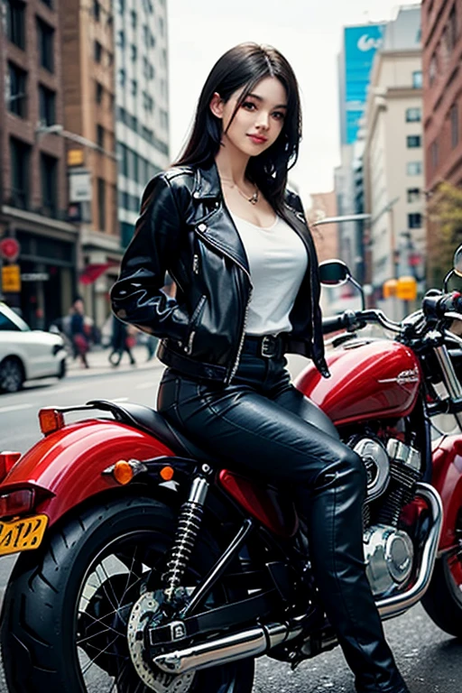1girl in, 30 years old, Square face, Long hair, Looking at the viewer, jewelry, Realistic, Sexy, police outfit, standing next to a motorbike - holding a gun - sitting on a motorbike, free pose