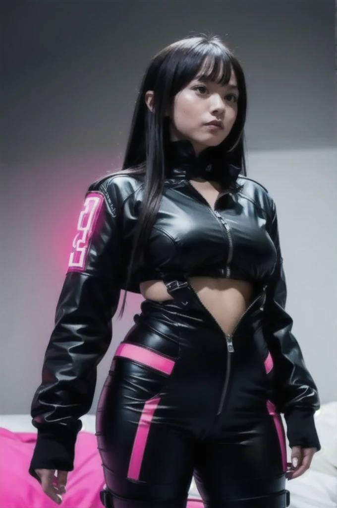 ((masterpiece))) whole body, whole body Shot (one girl) ((black hair, long hair, straight hair, both sides up))), ((black eye))), eye shadow, eyeliner, Glow eye, hyper detail eyes, complicated eyes, beautiful eyes, fine eyes, (((star-shaped pupil, shining pink eyes))) 18-year-old girls. (Wearing a transparent jacket made of PVC material)) huge cool weapon Mechanical in hand, huge cool weapon Mechanical, Mecha, Mechaanism, Mechanical, open stance, combine