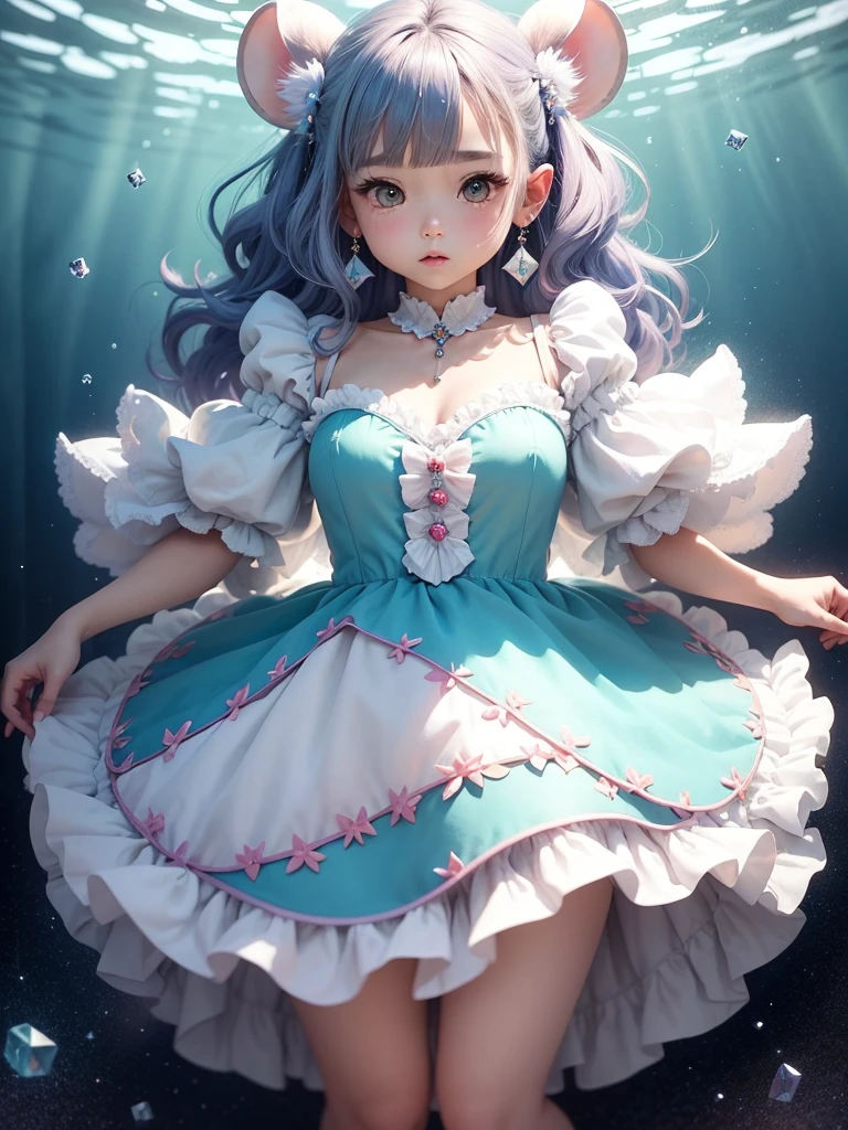 Silver Hair　Medium Hair　Light blue eyes　Light blue thick eyebrows　beautiful girl　smile　Pink dress　Water bubbles　Water Drop　Wet hair