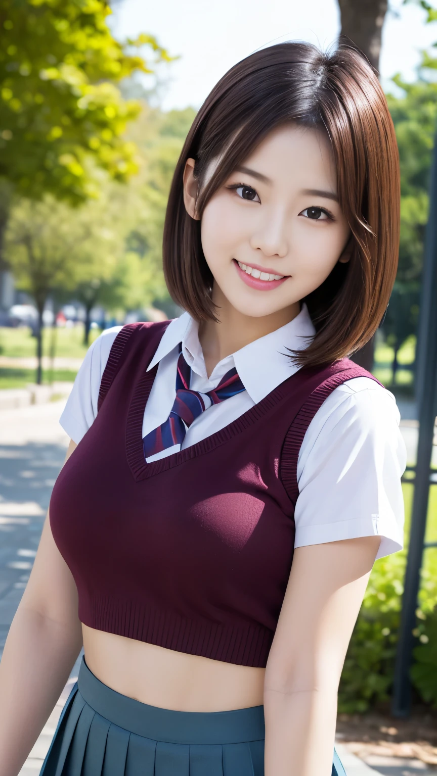 女の子1人、Blushing cheeks、shyly smile、optic、large full breasts、White open shirt sticking to the chest、Tartan checked skirt、Girl in Japan school uniform、florals、hair pin、a necklace、piercings、Leaning forward、from below looking up、depth of fields、pointed red mouth、Glossy reddish-brown shorthair、Black eyes、鎖骨、Beautiful fingers、Hourglass body、portrait of a full body、Hurry up and loosen your tie、Staring at the viewer while removing his tie、Cardigan hooked on the shoulder、