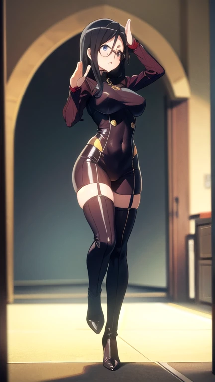 Annerose, 1girl, female mature, action pose, long hair, black hair, pointy ears, yellow eyes, large breasts, (bodysuit:1.05), higheels, shiny clothes, (skin tight:1.05), hair intakes, full body shot, perfect body, (athletic body:1.1), anime face, perfect face, perfect eyes, anime eyes, smoky eyeliner, eyeshadow, looking at viewer, sharp focus, intricate details, masterpiece painting, professional artwork, vivid colors, Diffused lighting, digital blending, ultra detailed body, ultra detail hair, ultra detail face, trending on pixiv, by Kagami Hirotaka, (((mature woman, mature female, 35yo))), Black Lilith, inside private room,