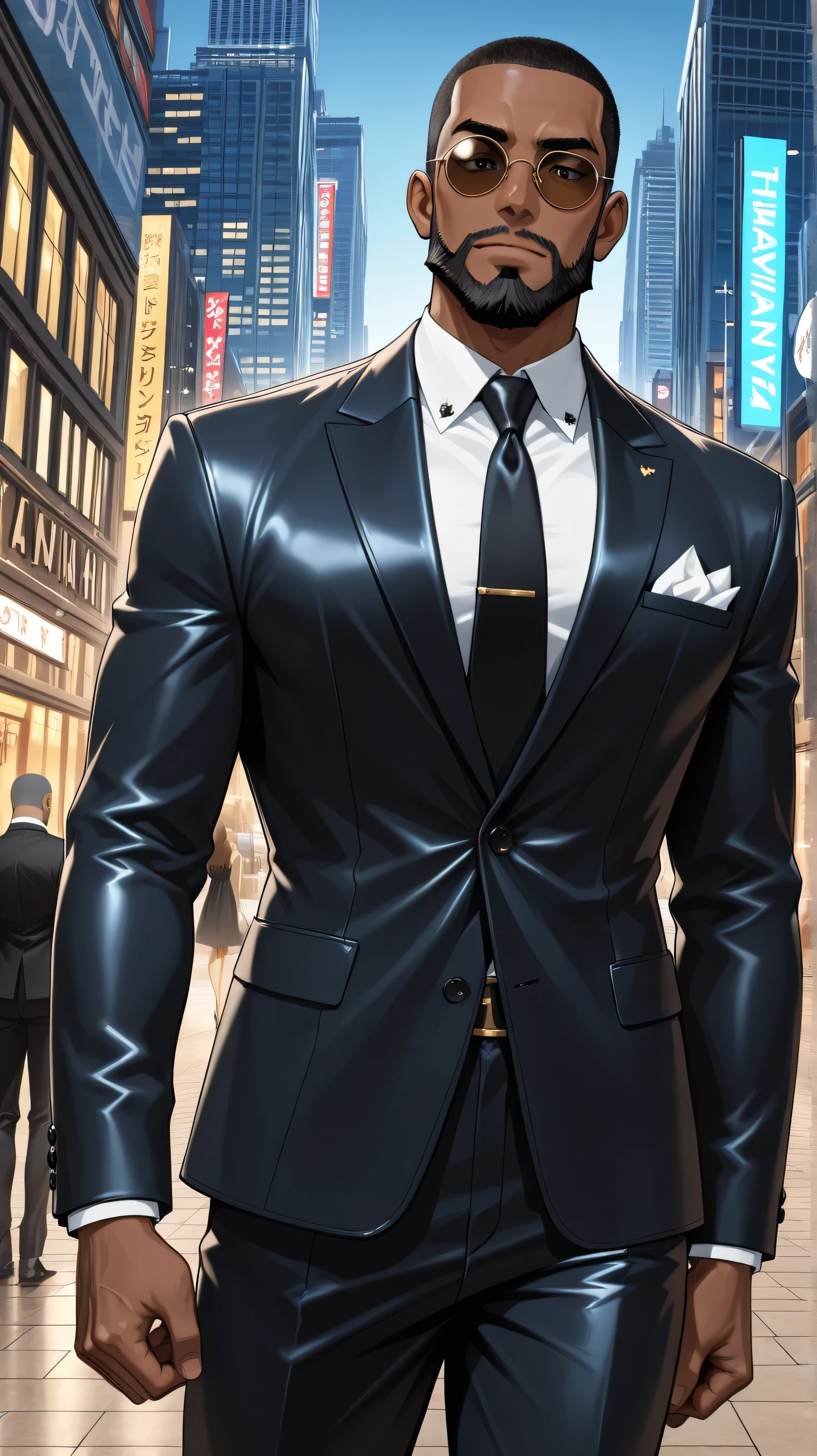 masterpiece, highest quality, ultra detailed, highly detailed anime style, handsome man, black man, african american man, dark skin, black hair, buzz cut hair, faded sides, large beard, athletic body, round shades, fancy suit, dress suit, city background