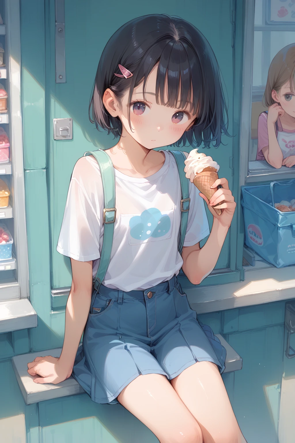 highest quality、Realistic、female、Japanese、zoom、cute、Gray Eyes、Chestnut Hair、short hair、Large white T-shirt、mini skirt、Plump、Eat soft serve ice cream