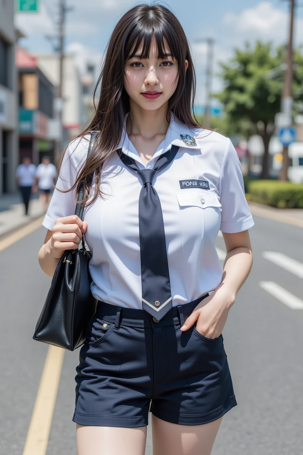 16K quality、Highest quality, It is high resolution., Real photo,、((Standing front view、Full body portrait))、(((Blondeの日本人女性の警察と男の2人)))、(((A female police officer being caressed by a man、A man strokes her panties with his fingers、Man and woman engaged in foreplay:1.5)))、(((She is lifting up the hem of her tight skirt with both hands.、White pantiesを見せている:1.5)))、((Time is night))、((Tokyo roads、On a sidewalk with heavy traffic))、(((Navy Blue Uniform、Navy Tight Skirt、White collar、tie、Gold braids on uniforms、Long sleeve、White panties)))、((Pure white high-leg panties))、((Uniform cap))、(((Beautiful golden hair、Shortcuts、Hair tied up、Blonde:1.2)))、((Black high heels))、Shiny earrings、choker、((blue eyes))、((Embarrassed expression、blush))、Beautiful legs、(Big eyes、No makeup、Very beautiful and subtle makeup, Light makeup,)、 Beautiful eyeshadow、Perfect body、Perfect hands、Perfect Fingers、Detailed and beautiful thin lips、A clear, beautiful face and well-proportioned eyes、Highly detailed eyes and face、Long eyelashes、double eyelid、A neat nose、Thin eyebrows、Border Light、Realistic Light、 Cute round face, Plump thighs、Accentuate your thighs、Hairstyle with bangs、Slender body、slim、Light-reflecting skin、Model body type、８Head to Body、Low - Angle、The light reflected in your eyes、Smaller face、Lip gloss、Looking away、Background blur、Movie lighting from the front、Light on face