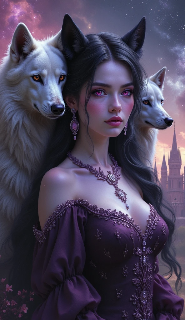 a white-skinned princess,long black curly hair, wearing a baby pink dress with two large wolves by her side,a black and a white, rococo