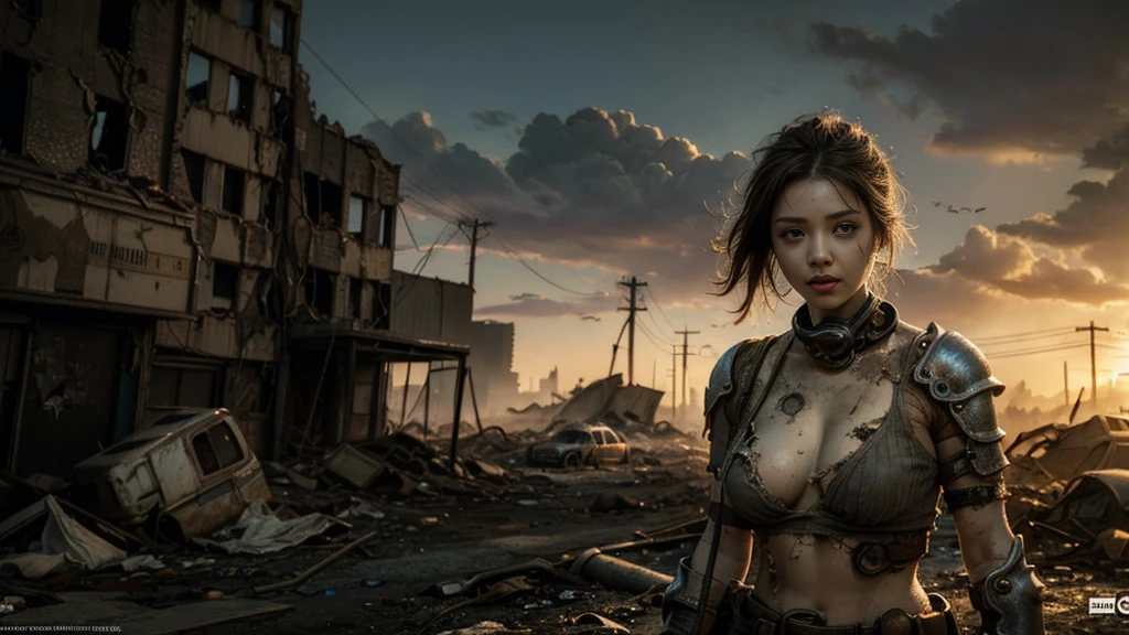 a young woman with long black hair with torn and worn clothes looks restlessly towards the camera, behind her some smoking piles of rubble