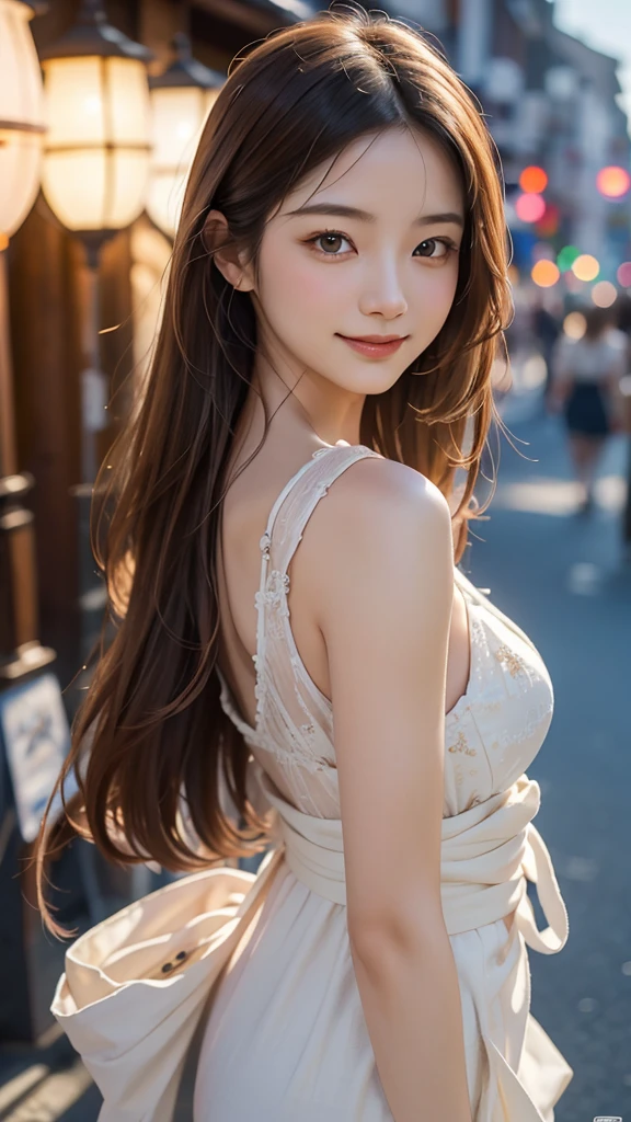 Upper body photo、Take close-up photos of your face、Large Breasts、 Large Breastsの谷間, Natural Lip、Fair skin、Great light、Beautiful lighting、Hair swaying in the wind、((Straight Hair:1.2))、Brown Hair、Blunt bangs、Detailed embroidery、Off-the-shoulder dress、Gorgeous Accessories、Outdoor Background、smile、かわいいsmile、Crowds in the city
