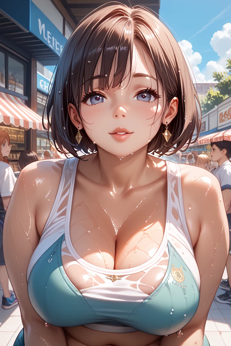 big breasts, realistic, 1 girl 20 years old, sensual body, short hair, black hair, bright eyes, soft makeup, shy smile, blush, hanging boobs, pushed up boobs, slim body, outdoors, in a restaurant, boobs on the table, hands on chin, staring
