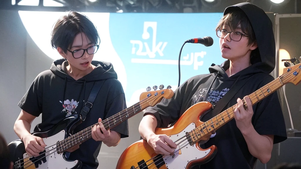 Three gorillas play guitar, bass and drums。