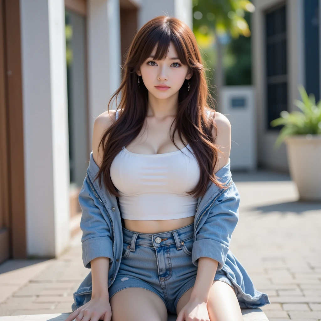 Top image quality、Raw photography、超A high resolution、Cute girl at 18 years old、Shooting for one person only、big round chest、cleavage of the breast、Patterned tank top、skirt by the、Shiny hair、Beautiful Eyes of Details、very elongated eyes、Beautiful eyelashes、Beautiful double eyelids、Beautiful legs、eyeshadows、耳Nipple Ring、The background is a mansion、Sit gracefully in a high-end chair、Sitting bossily in a high-class chair