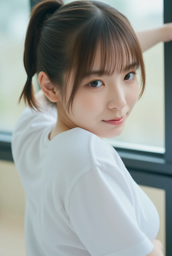masterpiece, Highest quality, 8K, Absurd, (Upper Body:1.4), White shirt, beautiful girl, double bun,Pretty face, View your viewers, smile, Ultra-realistic, High resolution, photograph, Film Grain, chromatic aberration, Sharp focus, High resolution, Face Light, Dynamic Lighting, Cinema Lighting, Professional Shadow, Simple Background, (Light blue background:1.4), Most detailed, Very detailed, Super detailed, In detail, Real Skin, Delicate facial features, Detailed face and eyes, Sharp pupils, Realistic students, (Korean, Japanese, Chinese:0.3)