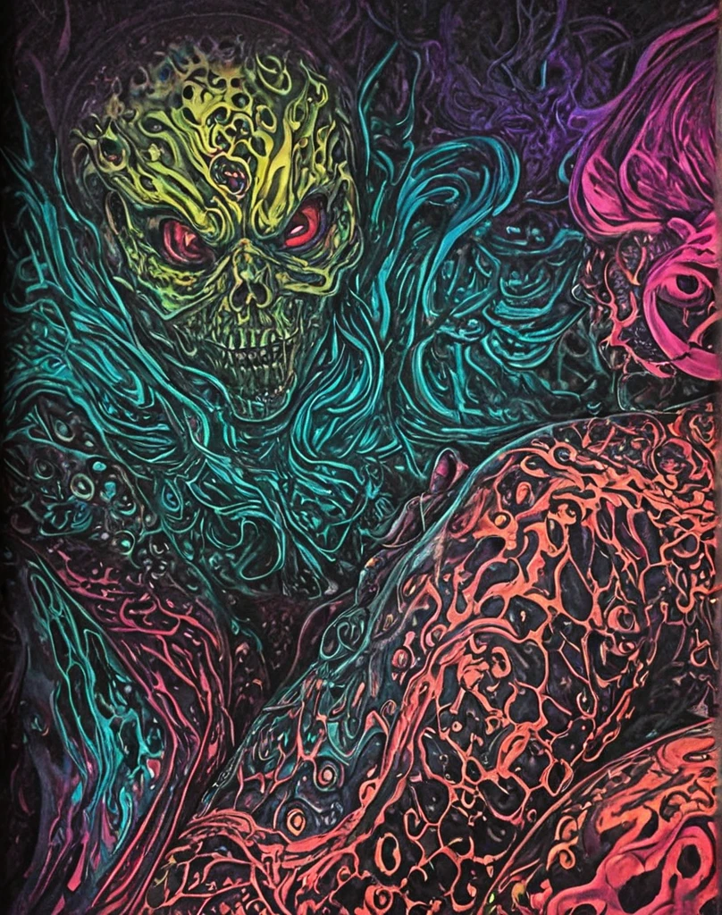 a close-up of a face with a crazy face , e Mumford and alex grey style, shamanic dmt horror art, scary color art in 4 k, scary detailed art in color, anger. hyper detailled, dmt!!!!!!!!, Detailed 4K horror art, ( ( ( ( ( e Mumford ) ) ) ) ), psytrance and giger