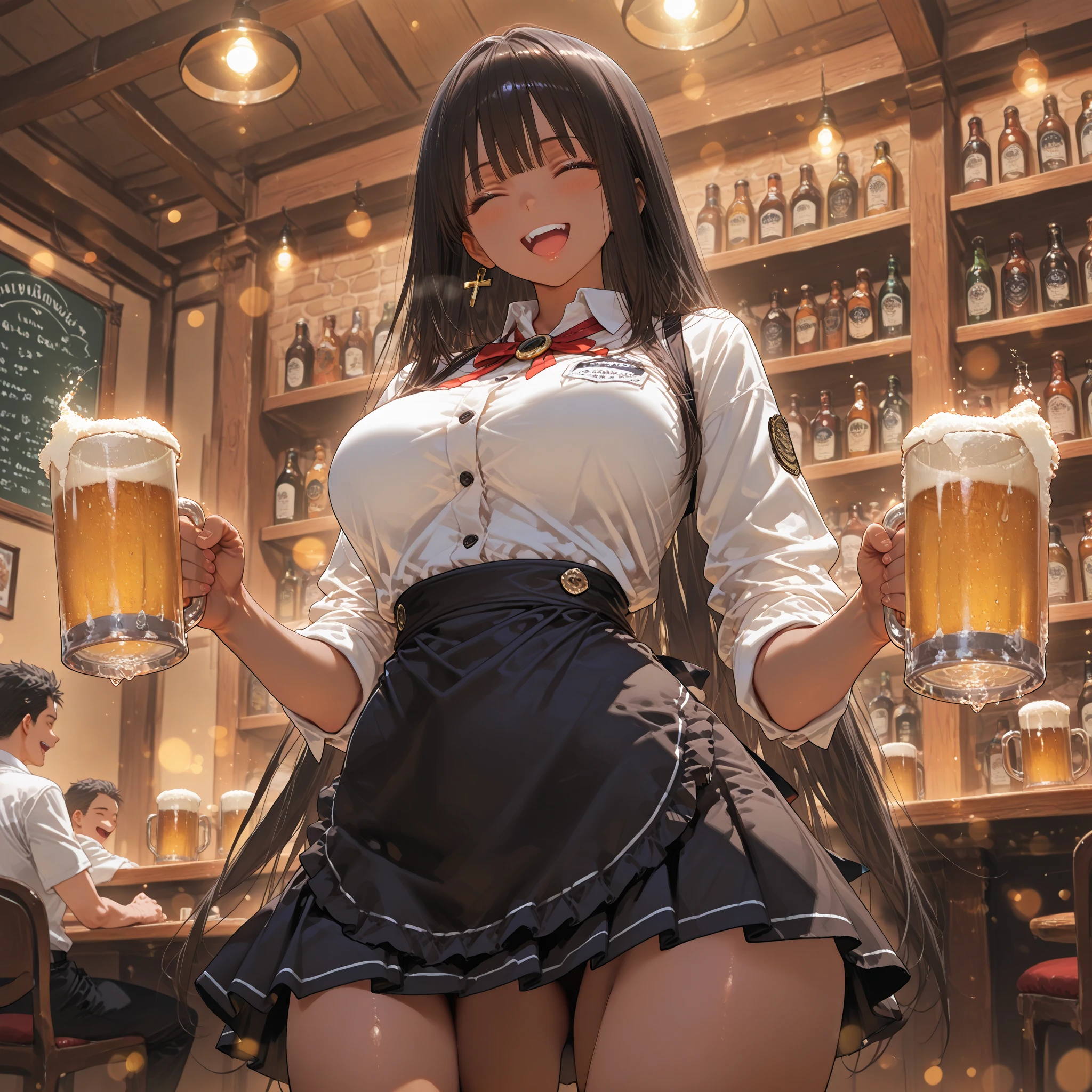 (((open clothes:1.3,areola,bare breasts:1.4,bare nether region:1.5,bare navel,unclad))),photo realistic,in 8K,masterpiece,dynamic angle,acrobatic posing,professional lighting,high quality,high resolution,detailed background,18yo:1.2,detailed black eyes:1.1,best hands:1.2,facing forward,pefect anatomy,correct anatomy,character focus, (1 cute girls:1.2,public hair:1.6,small chest:1.3,long sleeve school uniform with Chinese color tie:1.2,beer mug
:1.5),(wearing knee socks with red color big ribbon:1.3), (Inside crowded Pub:1.5,counter table,sit on a chair:1.2,spread legs wide:1.5),slim,skinny,shorty,small body,tiny,skinny,slim,brown long straight hair:1.5,blunt bangn:1.1,glistening skin,having fun,smile,
