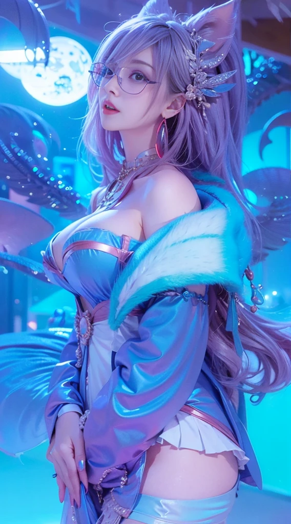 spiritual blue fire fluffy fox girl, (fluffy fox ears, fluffy fox tail), (spirit, spiritual:1.4), (blue fire:1.5), 1girl, perfect and well designed glowing shiny eyes, (beautiful detailed eyes:1.05), (big breats:1.6), slim body, beautiful and delicate cute face, (face detail), ((realistic face)), pores, ((pale grey skin)), detailed skin, realistic skin, (((bioluminescence))), ((shiny skin)), (fangs:1.5), (multicolored gradation skin), (monster girl:1.25), (fur body:1.4), human face, medium length hair, hair voluminous, (((((multicolored gradation hair))))), super high resolution, 8k, parameters Best quality, (masterpiece:1.4), (magic accessories:1.4), bracelets, extremely detailed thick tight ({nylon|lycra}:1.5) pastel bright ((dark blue, (blue:0.4), silver:1.3), (pink, purple:0.75)) ornate ({(satin:0.9)|(lace:1.4)} (white-pink dress shirt with stand-up collar:1.5), (purple kimono vest:1.75), (bright-red kimono sleeves:1.35), (dark-purple tight pants:1.6)), (bare shoulders:1.6), (standing nipples under cloth:1.35), (cameltoe:1.8), (ornaments on clothing:1.5), (neckline:1.3), (cleavage:1.3), decolette, navel, Young Girl, Little Beast, (Smile:0.7), (pale Skin:1.4), (((flower tattoos all over body, flower tattoos all over legs))), ultra detailed, photorealistic, ((Real image)), (best quality:1.4), super high resolution, (Realistic 2.0), More details, (((1girl))), (laying on bed:1.25), (spacious bedroom:1.5), city and buildings behind a window, futuristic, cyberpunk, magic technologies, (beautiful and aesthetic:1.2), (fractal art:1.4), (cinematic light:1.1), (close DUTCH ANGLE:1.3), 16K, HDR, RTX, Ray Tracing, Radiosity, Anisotropic Filtering, Subsurface Scattering, (((magic lights))), metallic reflections, Detailed, Realistic, 4k highly detailed digital art, (cool_color), extremely detailed CG unity 8k wallpaper, vibrant colors, (seductive pose:1.6), (spread legs:1.6)