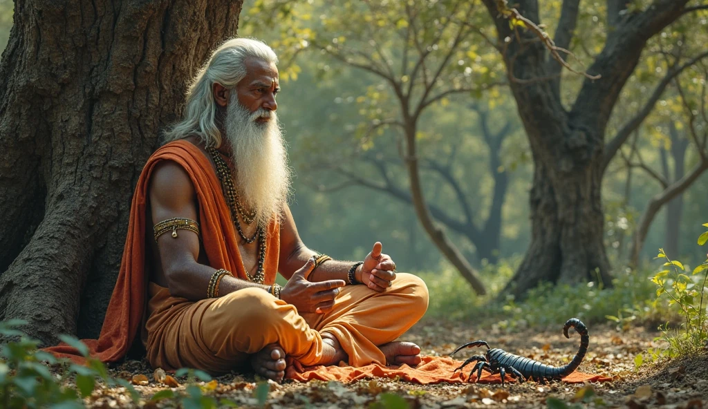 Under a tree in the middle of the forest, a 60 year old sadhu with fair skin and white hair, wearing a saffron colored dhoti is sitting with a Veda in his hand. captured in an ultra-realistic full HD 4K portrait, detailed texture showing its menacing shape, Immersive atmosphere, high definition shadow play, digitalpainting, nevoa no environment.
