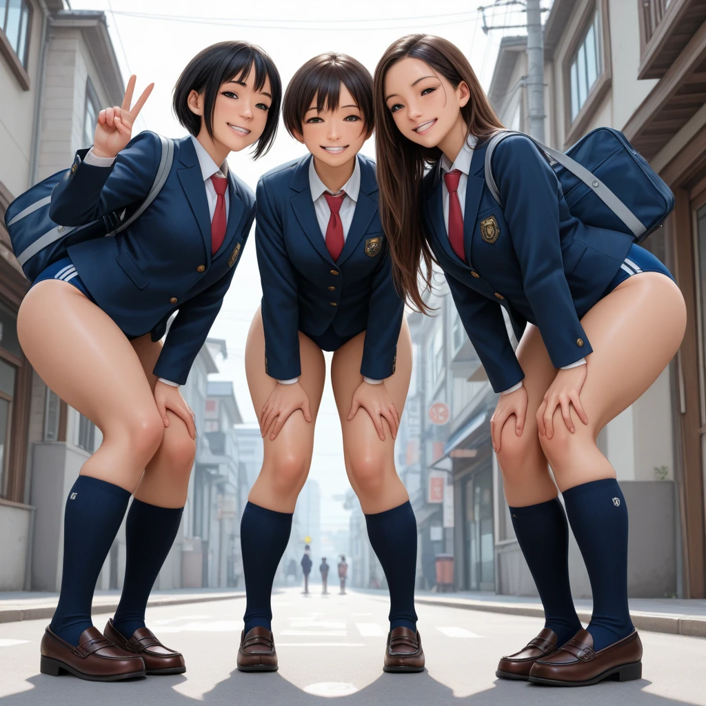(((masterpiece, highest quality, High resolution, 超High resolution, Perfect Pixel, Depth of written boundary, 4K, RTTX 10.0, High resolution))), Beautiful Anime Woman, Beautiful art style, Anime characters, ((Smooth texture, Realistic texture, Anime CG Style)), Perfect body, (Slender body:1.2), Exact finger count、Exact number of legs、(Exact number of arms:1.0, Exact number of hands:1.0), Best Shadow, The best natural light, Cinematic, Realistic, highest quality, High resolution, Perfect lighting, Extremely detailed CG, (Perfect hands, Perfect Anatomy), Daytime lighting, whole body, ((Long Hair, bangs, Dark brown hair, Different types of hairstyles, Twin tails, ponytail)), (Four grown women are walking side by side, flipping up their skirts:1.4), (Fashionable white shirt, Sailor collar, Knee-high socks, loafers, Pleated mini skirt:1.3)、Angle from the rear, ((Stylish shiny satin panties, Side-tie panties, All different color panties, White panties, Dark pink panties, Light blue panties, Dark Blue Pante, black lace trim:1.3)), (Beautiful and thin thighs, Beautiful little ass:1.3), (City hustle and bustle, Buildings on the background, Sidewalk, Intersection in the background, Lots of people in the background:1.3)