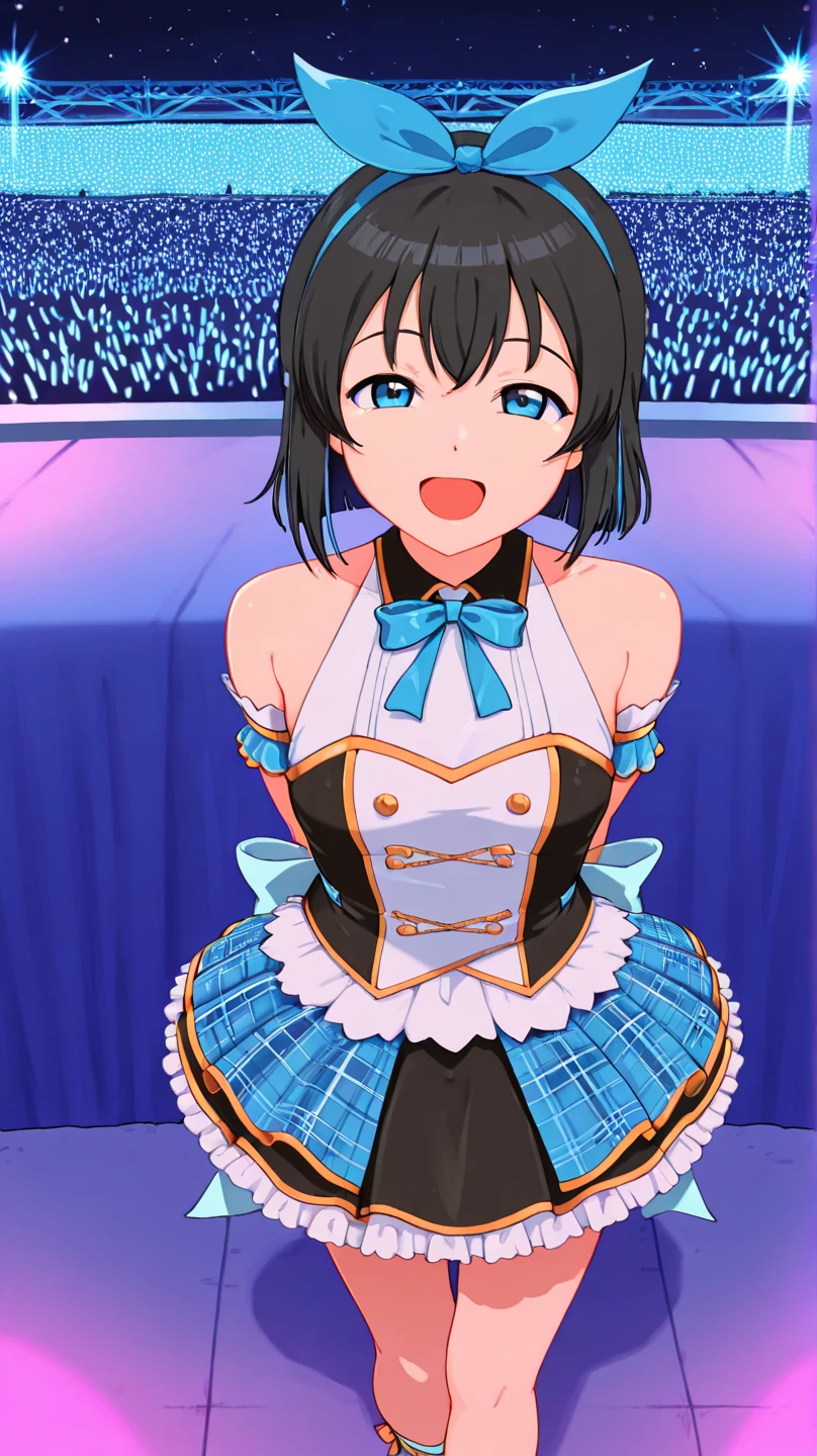 masterpiece, Highest quality, High resolution, Aaazusa, short hair, Ahoge, Parted bangs, Idol Costumes, dress, Are standing, Cowboy Shot, stage, Holding a microphone, smile, Open your mouth, sing, Reaching out,Nipples are visible