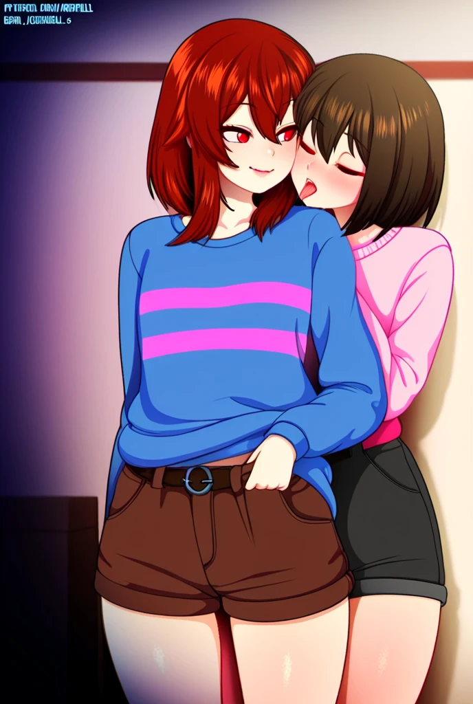 two tennis girls kiss each other's lips with massive rear butt cheeks out of bottomless slutty mini sweater out bare and brown boots, showing their butts, lying down, on bed, wearing oven mittens under big pillow, blindfolds