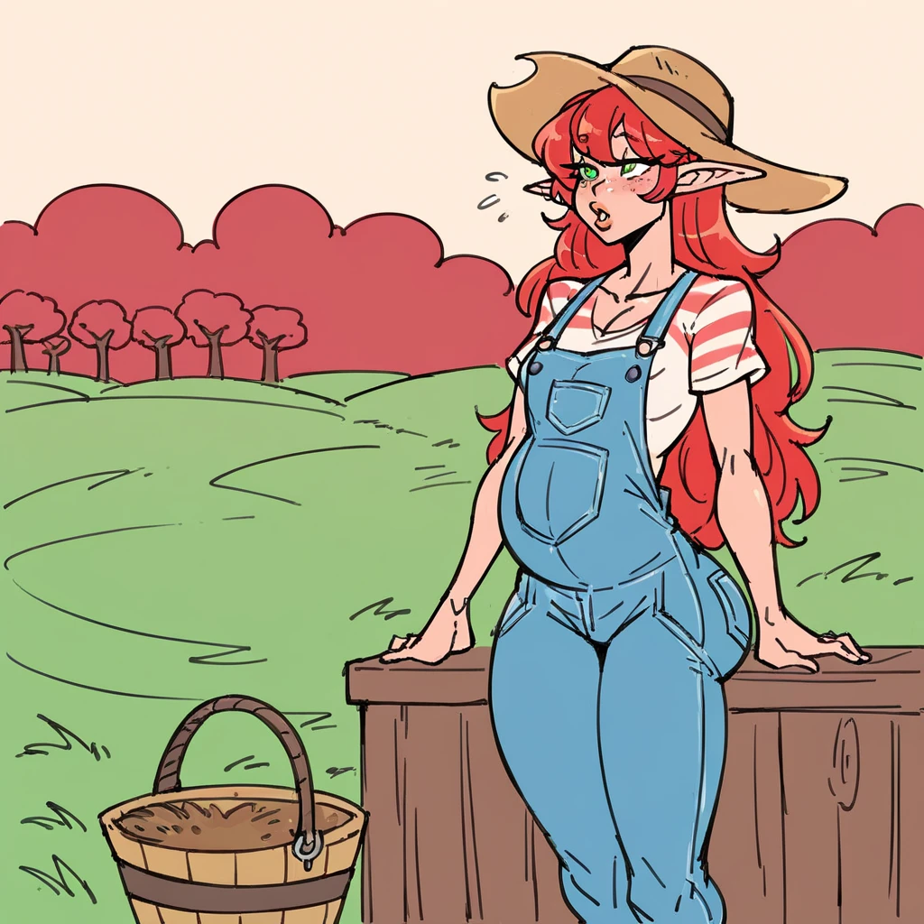 A MILF (in her early 40s) is in a vegetable garden, smiling at you as she tills the ground. she's wearing overalls. she has red hair tied into a ponytail while holding a cucumber.