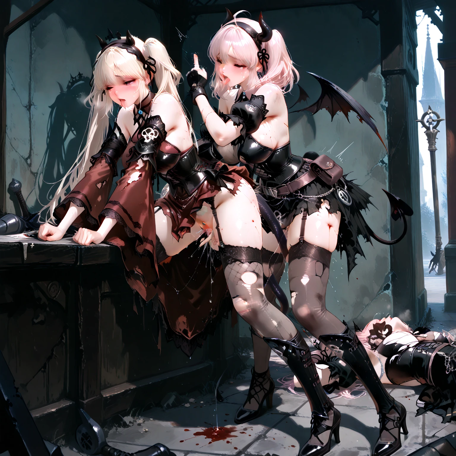 silver hair elven twins (two girls), messy hair, dusty hair, small body, hands tied with rope, neck tied with a chain, with long pigtails, kneeling , inside of a cage with large iron bars, poor underware,, lifted and scratched lingerie,  no top, undressing, fearful expression,, crying eyes and expression, showing pointy teeth, pointy ears. (only two girls), bruises on the body and her faces, blood stains in the clothes