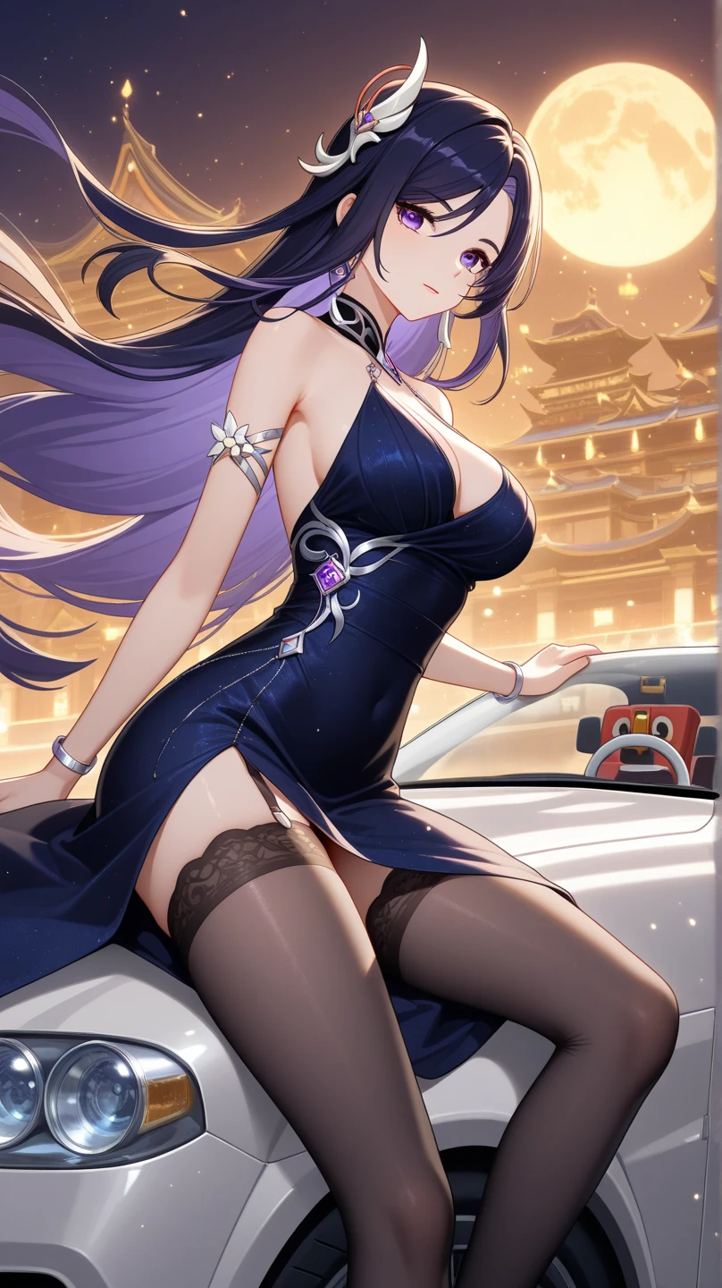 2girl, (fluffy purple long hair: 1.6), (fluffy red long hair: 1.6), dress, mature beauty, rich family, night, standing outside a luxurious villa, full body, a luxury sports car next to you, super detailed CG, delicate facial features, clear facial expressions, detailed digital animation art, digital animation art, high-quality animation art style