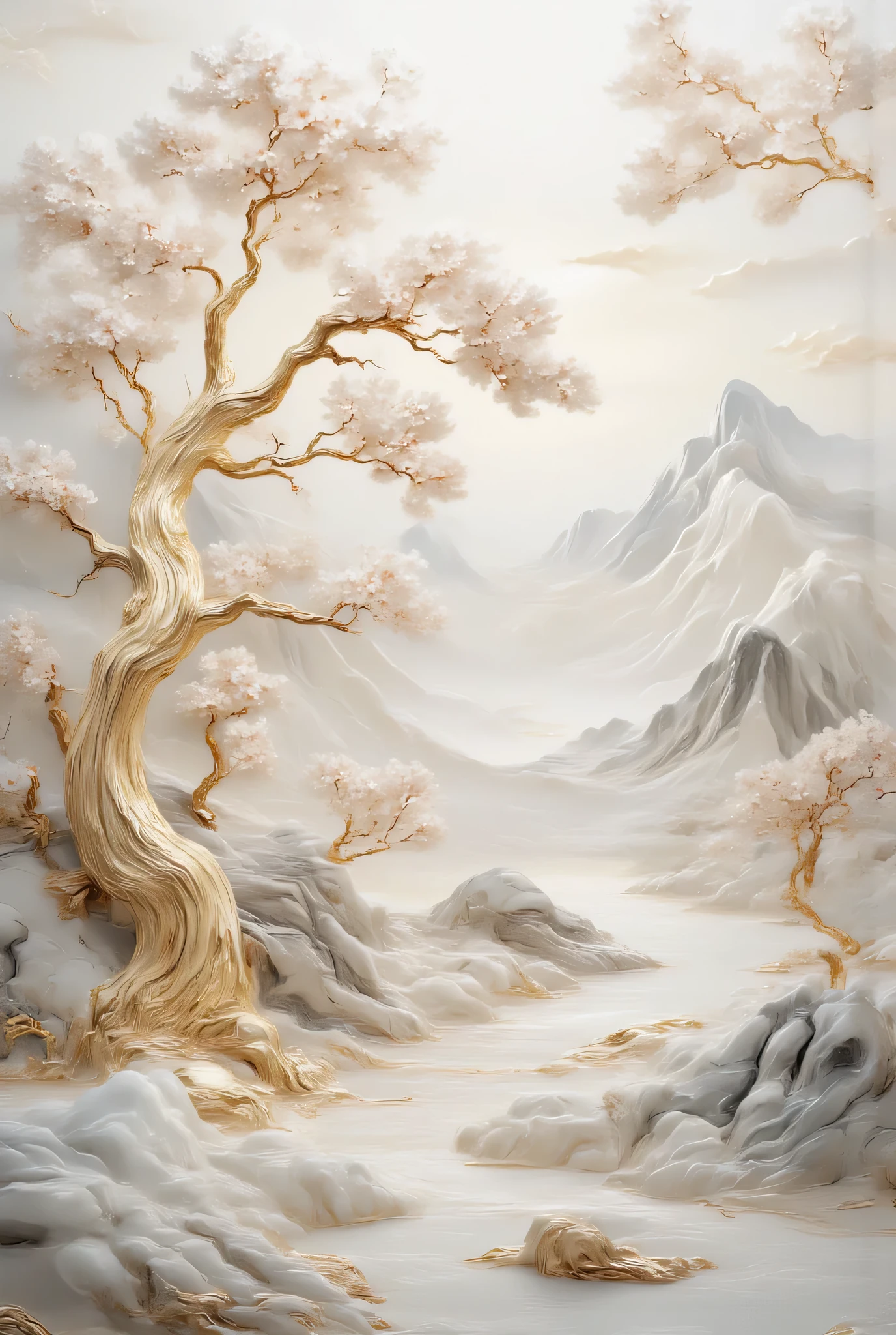 of clear color, deep and sharp, depictions of flowering trees with gilded stems, old chinese landscape, there is a pine tree, flowing streams and rocks