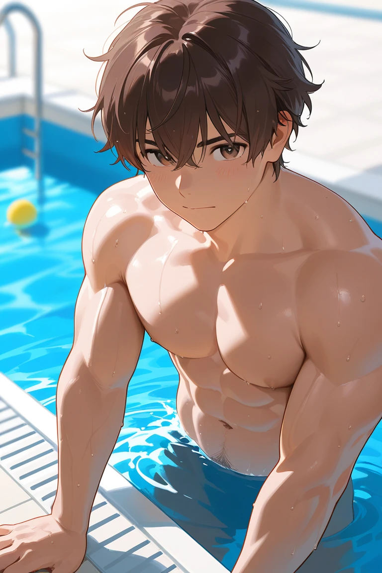 high quality, detailed, 16 years old bulky japanese boy, detailed brown eyes, (abs:1.5), (shiny skin:1.5), black short hair, (black tiny thong), (puffy bulge), pool