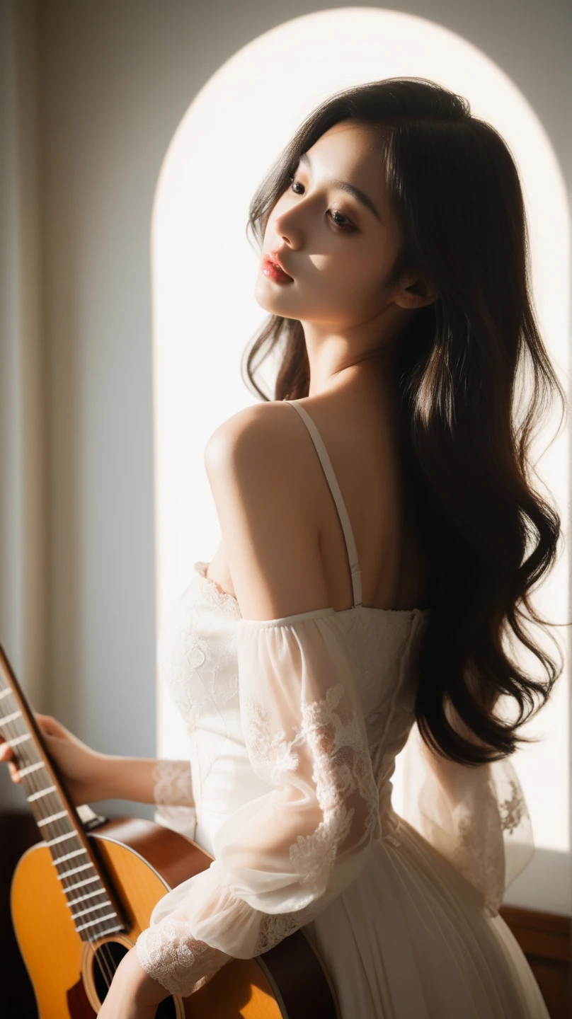 Three-quarter upper body side view,Showing an intellectual 30-year-old sister,Black curly long hair gently draped over one shoulder,The eyes are deep and gentle。She was wearing a well-cut white shirt,Sleeves lightly rolled up,Revealing casual elegance。The shirt is tucked into high-waisted black trousers.,Outline a slender figure。At this moment, she is standing in front of the French window.,The afternoon sun shines through the gauze curtains,Give her side face a soft golden glow,The royal sister style does not lose the soft breath,Blurred city skyline in the background,Adds a sense of modernity and fashion。