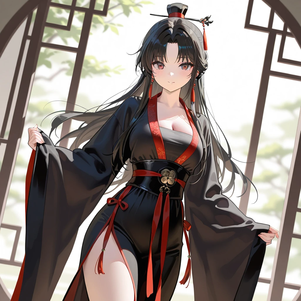 Immortal wearing Hanfu。There is a jade pendant hanging on the body。The thighs are dressed in black silk。Royal sister。ellegance。 winding posture。infatuated girl
