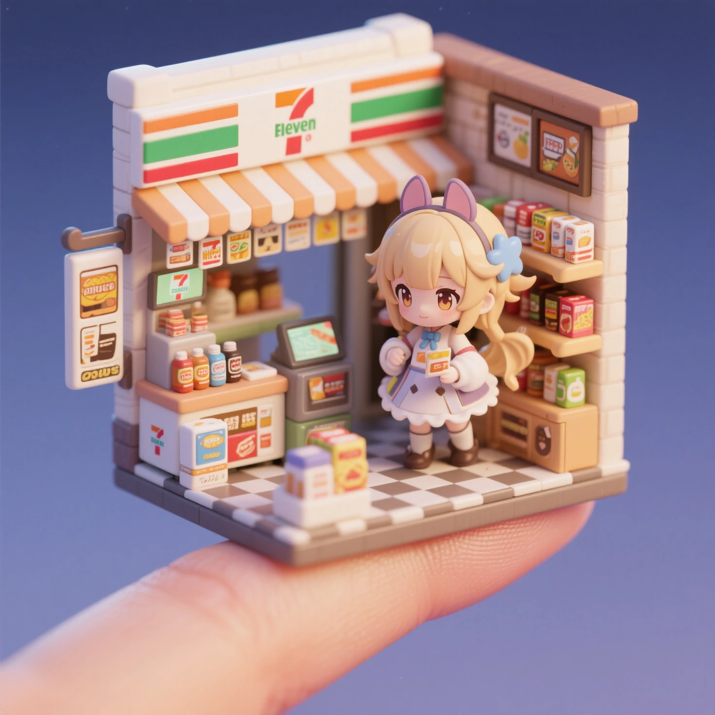 A convenience store operating on your index finger, tiny and ultra-detailed, fantasy anime style.