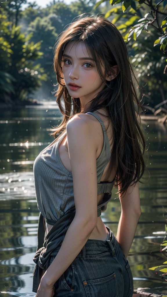 highest quality、4K quality、Beautiful cleavage、Beautiful Style、tall、Small breasts、Bare buttocks、Small Ass、Shy face、20 year old blonde boyish、Bare shoulders、My skirt is blown up by the wind、ultra detail eye,、casual dresy whole body is wet、Small face、Soft skin quality、Shooting from behind
