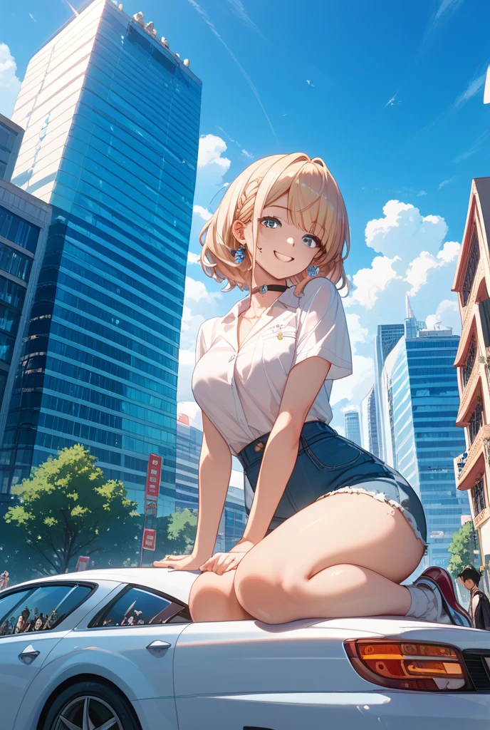 1girl, solo, summer, village, trees, sun, clouds, chestnut hair, side ponytail, large breasts, ((popping shirt buttons)), button down, unbuttoning buttons, dark blue eyes, ((dark blue shirt)), ((unbuttoned shirt)), ((short sleeved shirt)), cleavage 1:3, black skirt, brown shoes, grin, looking at the viewer, standing, hair ribbon, golden necklate