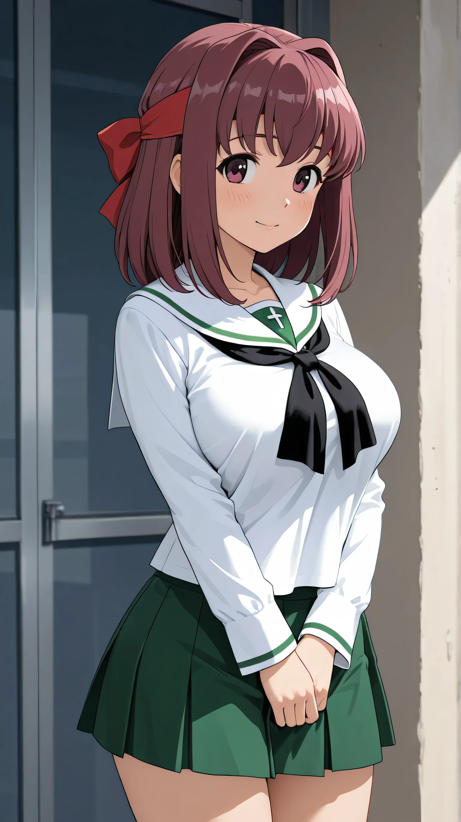 kondou taeko,ooarai school uniform,black tie,cowboy shot,