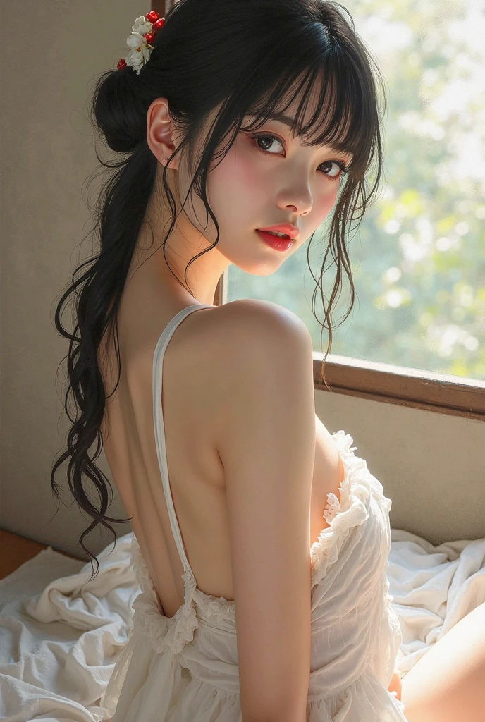 a beautiful anime girl gazing out of a train window, beautiful anime portrait, lofi portrait of a girl at a window, beautiful anime girl, lofi portrait, lofi girl, anime girl portrait, gweiyz style artwork, high quality portrait, sunset, charming anime girl, cute anime girl, realistic cute girl drawing, anime style, 8k, highly detailed, masterpiece, photorealistic, realistic lighting, intricate details, warm color palette, soft focus, elegant composition,1 beautiful woman, elegant pose, intricate details, highly detailed, masterpiece, unity 8k wallpaper, flat chest, full body, standing pose, white background, stunning, high quality, exquisite, photorealistic, hyper detailed, beautiful, dramatic lighting, cinematic composition, clean lines, elegant design, vibrant colors, soft focus, smooth skin, delicate features, ethereal atmosphere, cinematic lighting, balance and symmetry, complex textures, ornate details,a beautiful young girl with large, expressive eyes, delicate facial features, and fluffy chestnut hair posing confidently while wearing a Spy x Family Yol Forger costume, the image captured as a high-quality, realistic SLR photograph with exceptional detail, vivid colors, and perfect balance, showcasing the girl's striking beauty and the intricate costume design, the lighting and composition drawing the viewer's attention to the subject's captivating gaze.