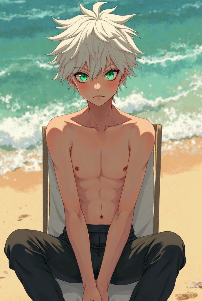 very thin boy11 years old without a shirt, Without clothing, thin, Blue eyes, white hair with red tips, wet body in white swimming trunks, straightens his hair embarrassedly, blush on the face,