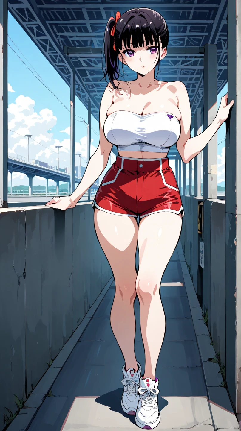 8k、Ultra-high resolution、Highest quality、masterpiece、Realistic、Ultra-high resolution、High-definition RAW color photos、Professional photos、real、photo realistic、(Always big breasts、Definitely a pretty big bust、cleavage)、Vivid lighting、Natural skin texture、Fine skin、Hyperrealism、Intricate details、Depth of written boundary、Adult women、masterpiece、Highest quality、High Detail、Eye highlights、Lip gloss、((smile、((Very Short Hair))、Marathon runner、Streets of skyscrapers,Drive in the center of the road、Dark gray separate uniform for track and field athletes、redSports Bloomers、(Full body running pose):1.5))、running shoes、((running、Must-have red high leg bloomers for competitions,()Crowds along the road,Lots of runners):1.6)),(athletic female,running,Sprinting,((flat chested,small breasts,Erect nipples,on side)),wet clothes,sweating:1.3)
