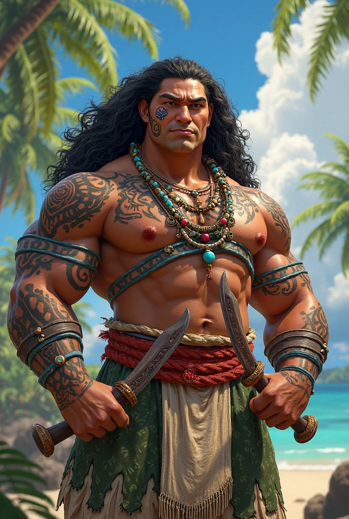 take from Polynesian mythology and voiced by Dwayne Johnson , Maui is an imposing figure , but he's almost upstaged by tiny Mini Maui , a kind of sentient tattoo that comes to life on Maui' s impressively muscled and decorated body , 8k , ultra ,24k details , --auto --s2