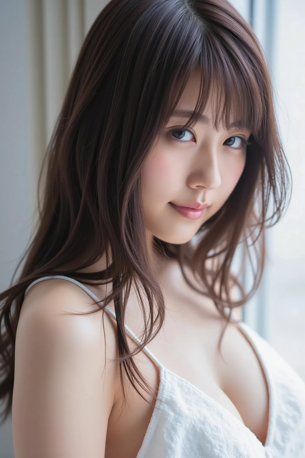 1 Female, Close-up of face, Medium chest, Light brown hair, Blunt bangs, Hair behind the ear, Hair that falls over the shoulders, Long Hair, Slim figure, Ultra Fine Face, Thin face, Delicate lips, Beautiful Eyes, Light blush, eyes are light brown, Perfect glowing skin, Perfect Skin, Shining Sweat,Have a look at this, Ultra-thin needle, Very thin fingers, The optimal ratio is four fingers to one thumb, (Realistic:1.3), Broadleaf Forest, First Person View, Super detailed, high quality, 最high quality, High resolution,Big Breasts、Deep cleavage、