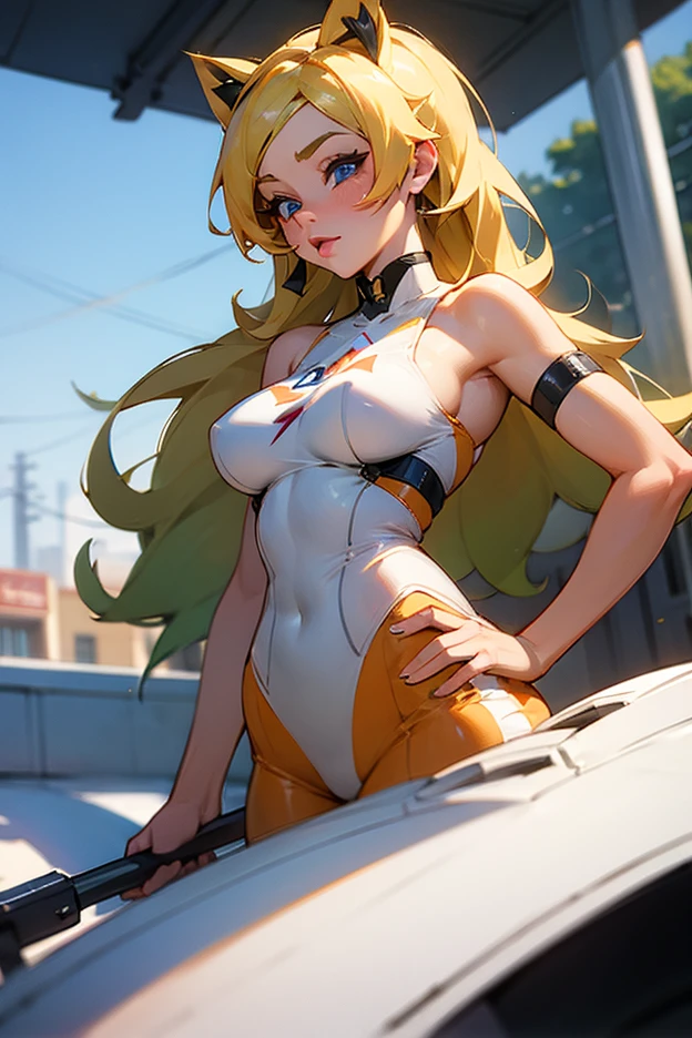 tmasterpiece, (tmasterpiece, top-quality, best qualityer), 1girl, 独奏, tightsuit, nedium breasts, long whitr hair, white backgrounid, ssmile, simplebackground, Large breasts, shelmet, looking at viewert, skin tight, sitted, cparted lips, orange leotard, the motorcycle, mitts,yellow helmets