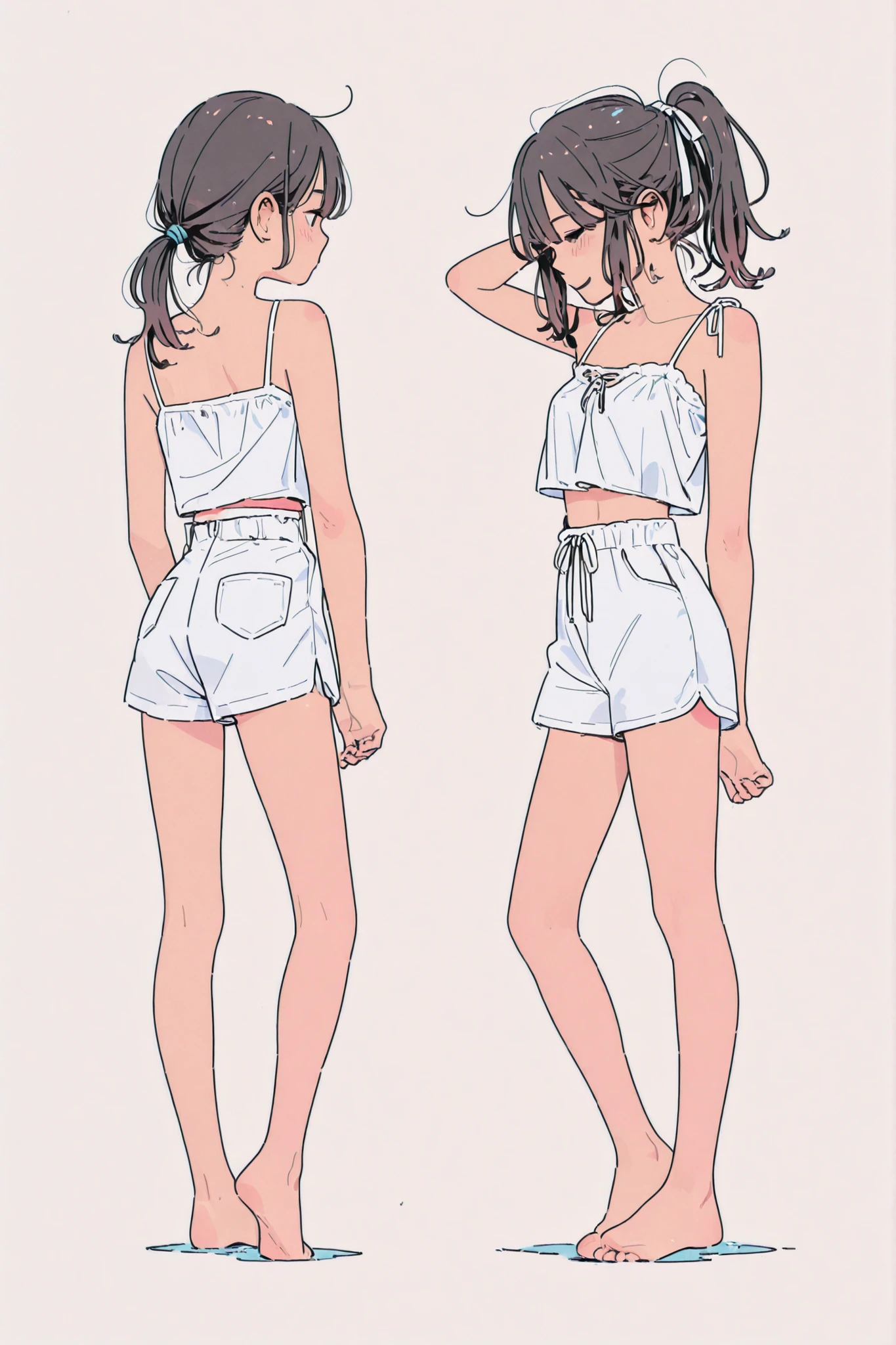The image showcases a stylized illustration of a young girl. She wears a spaghetti strap crop top adorned with a small graphic and a pair of white shorts. Her attire is casual, suitable for a relaxed summer day. Her medium, messy dark hair is tied back into a ponytail, with a small ribbon adding a charming detail. The colors are soft and pastel, creating a gentle, inviting atmosphere. Her legs are slender, and she stands barefoot against a simple white background, which emphasizes the character and provides a clean, minimalist aesthetic. There are subtle variations in shading, giving the image a three-dimensional feel while maintaining its distinctly anime-style charm.